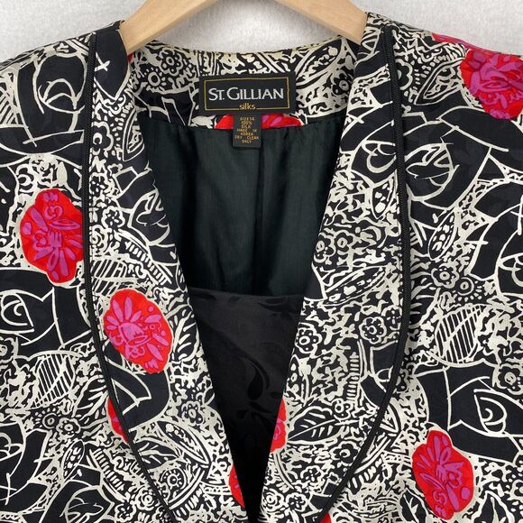 ST. GILLIAN Blazer 14 Silks Abstract Floral Faux Cami Button Front Black Red Vtg - Picture 9 of 16